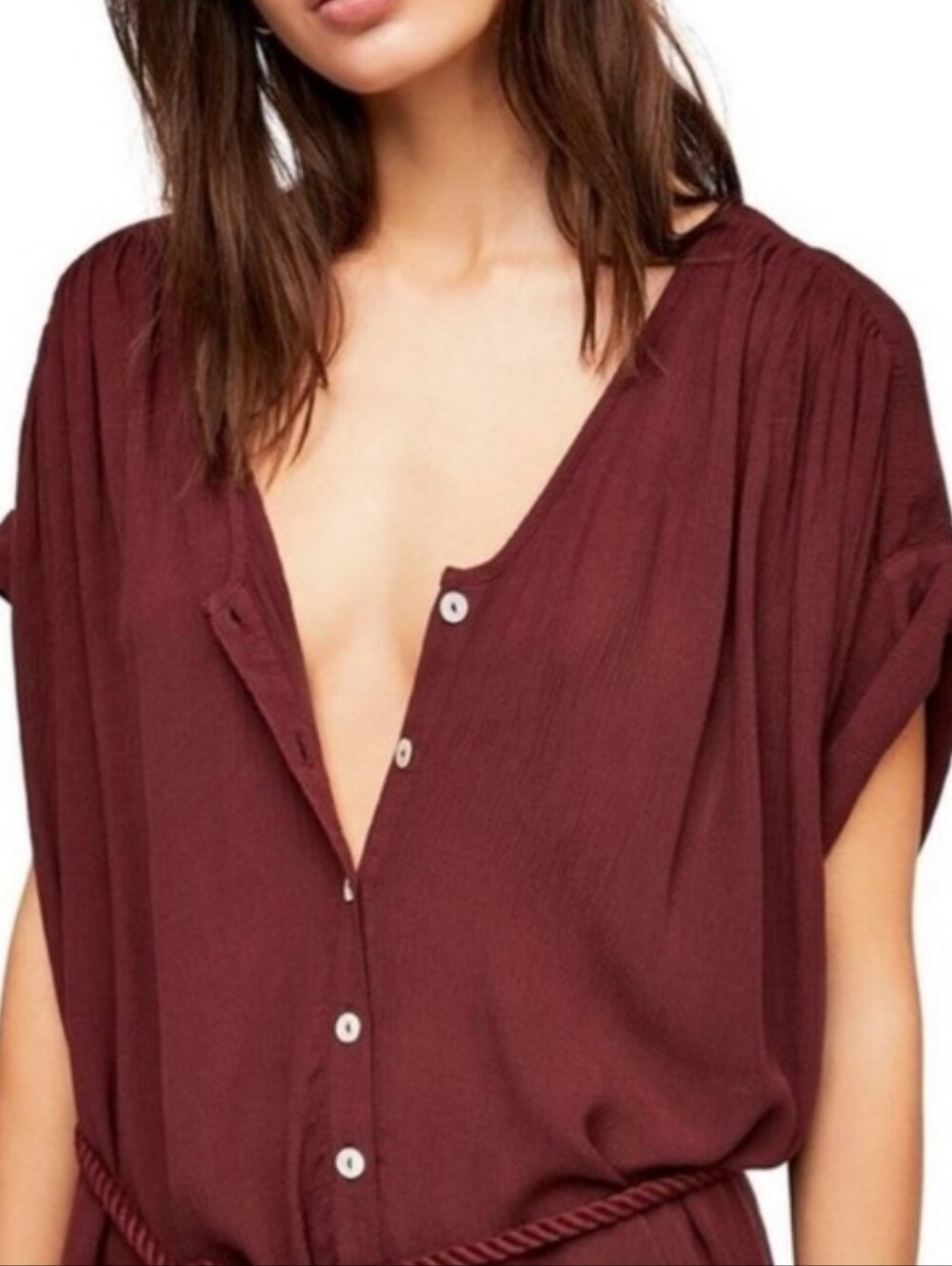 Free People Spanish Endless Summer Burgundy Romper Rope Tie Waist Small - Picture 2 of 6